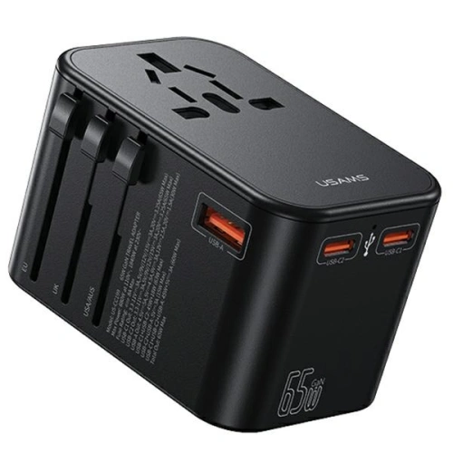 Adapter podróżny USAMS T62 Univesal Travel Charger US/AU/EU/UK 1xUSB, 2xUSB-C 65W czarny/black 