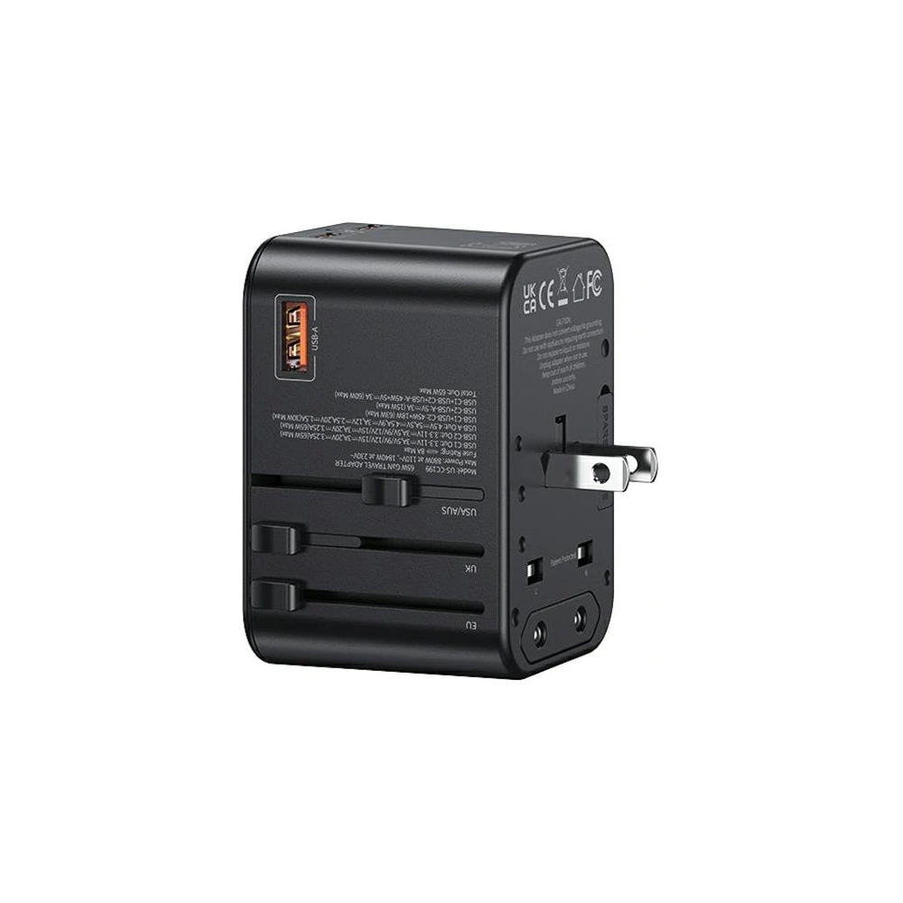 Hurtownia GSM - Cestovní adaptér USAMS T62 Univerzální nabíječka US/AU/EU/UK 1xUSB, 2xUSB-C 65W černý/black - USA1021 - {ean13} - Hurt