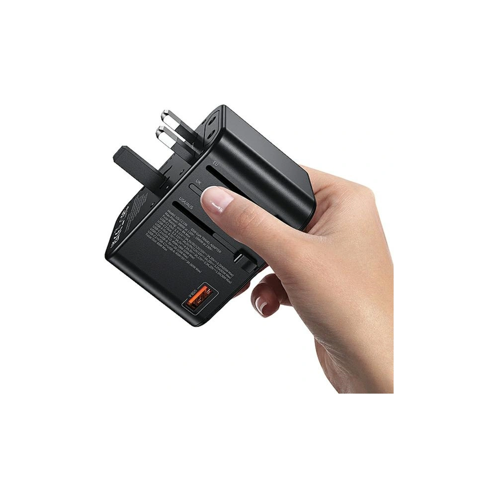 Hurtownia GSM - Cestovní adaptér USAMS T62 Univerzální nabíječka US/AU/EU/UK 1xUSB, 2xUSB-C 65W černý/black - USA1021 - {ean13} - Hurt