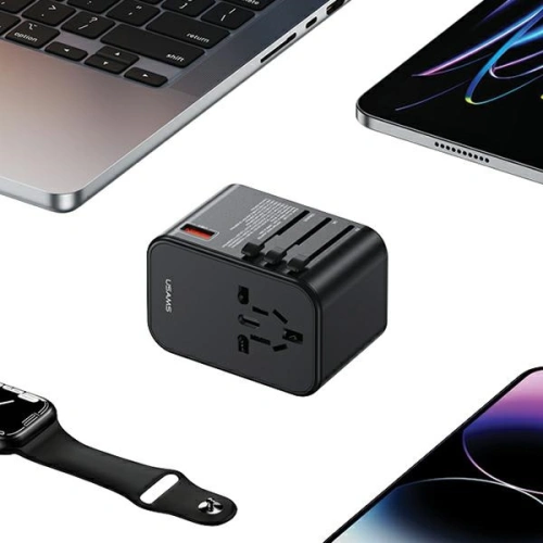 Adapter podróżny USAMS T62 Univesal Travel Charger US/AU/EU/UK 1xUSB, 2xUSB-C 65W czarny/black 