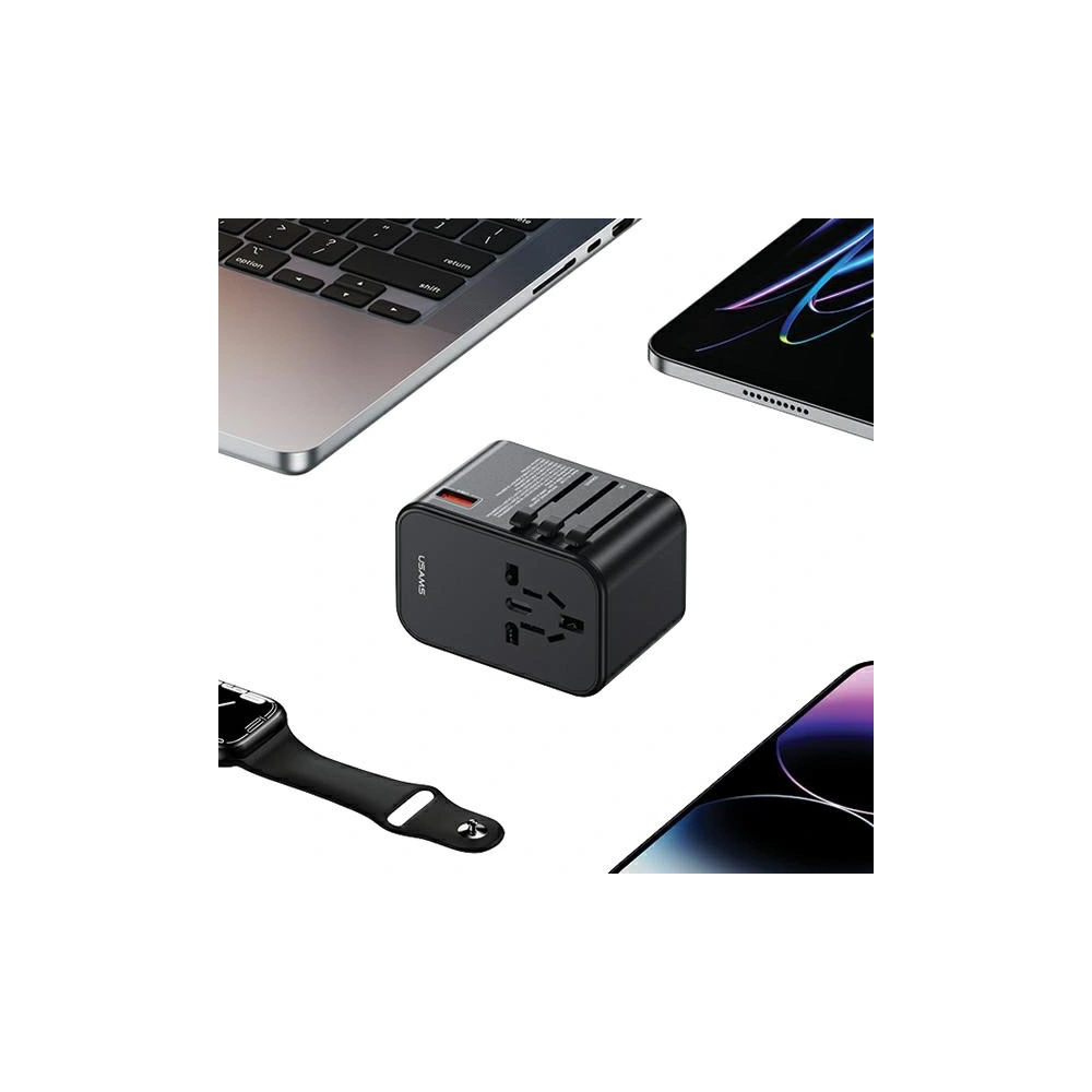Hurtownia GSM - Cestovní adaptér USAMS T62 Univerzální nabíječka US/AU/EU/UK 1xUSB, 2xUSB-C 65W černý/black - USA1021 - {ean13} - Hurt
