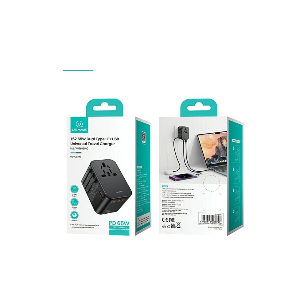 Hurtownia GSM - Cestovní adaptér USAMS T62 Univerzální nabíječka US/AU/EU/UK 1xUSB, 2xUSB-C 65W černý/black - USA1021 - {ean13} - Hurt
