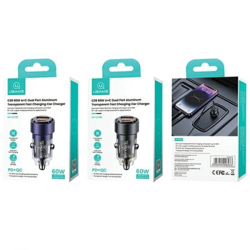 Ładowarka samochodowa USAMS C39 USB-A, USB-C 60W czarny/black