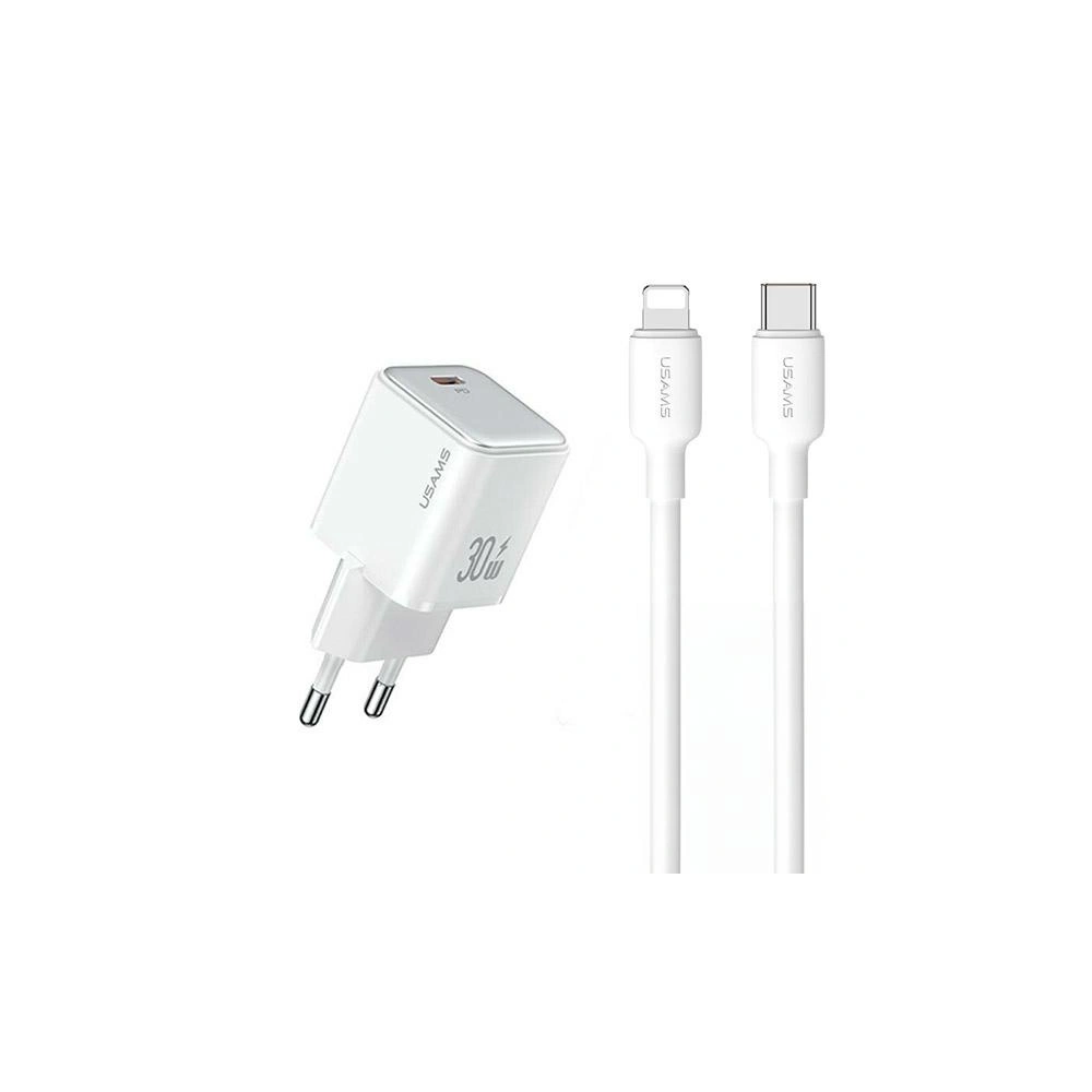 Hurtownia GSM - Încărcător rețea USAMS US-CC186 USB-C 30W PD3.0 + cablu US-SJ610 USB-C / Lightning alb/white - USA1028 - {ean13} - Hurt