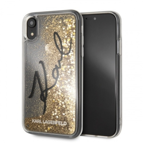 Karl Lagerfeld Distributor - 3700740439104 - KLD031GLD - Karl Lagerfeld KLHCI61TRKSIGGO iPhone Xr gold hard case Signature Liquid Glitter Stars - B2B homescreen