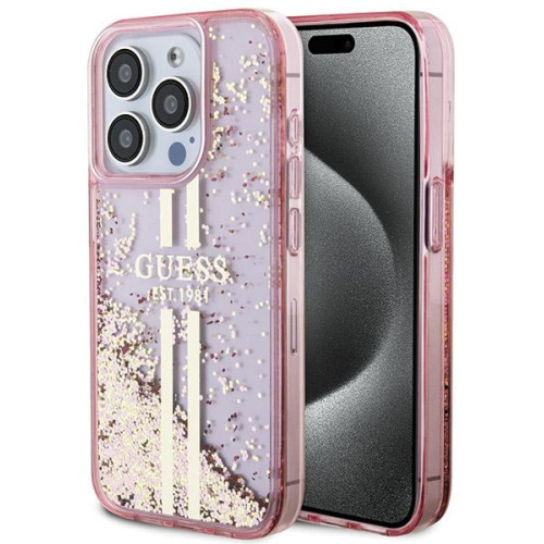 Guess Distributor - 3666339223687 - GUE3181 - Guess GUHCP15LLFCSEGP Apple iPhone 15 Pro hardcase Liquid Glitter Gold Stripes pink - B2B homescreen