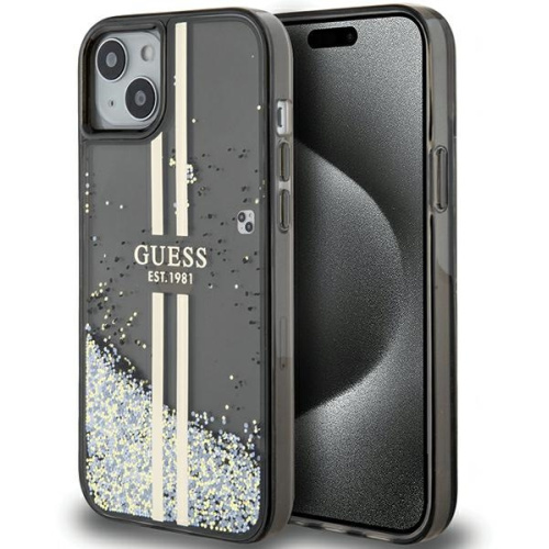 Guess Distributor - 3666339223526 - GUE3194 - Guess GUHCP15SLFCSEGK Apple iPhone 15 / 14 / 13 hardcase Liquid Glitter Gold Stripes black - B2B homescreen