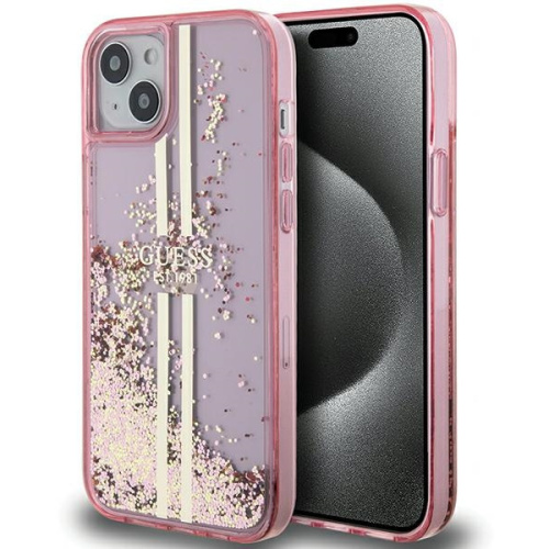 Guess Distributor - 3666339223663 - GUE3195 - Guess GUHCP15SLFCSEGP Apple iPhone 15 / 14 / 13 hardcase Liquid Glitter Gold Stripes pink - B2B homescreen