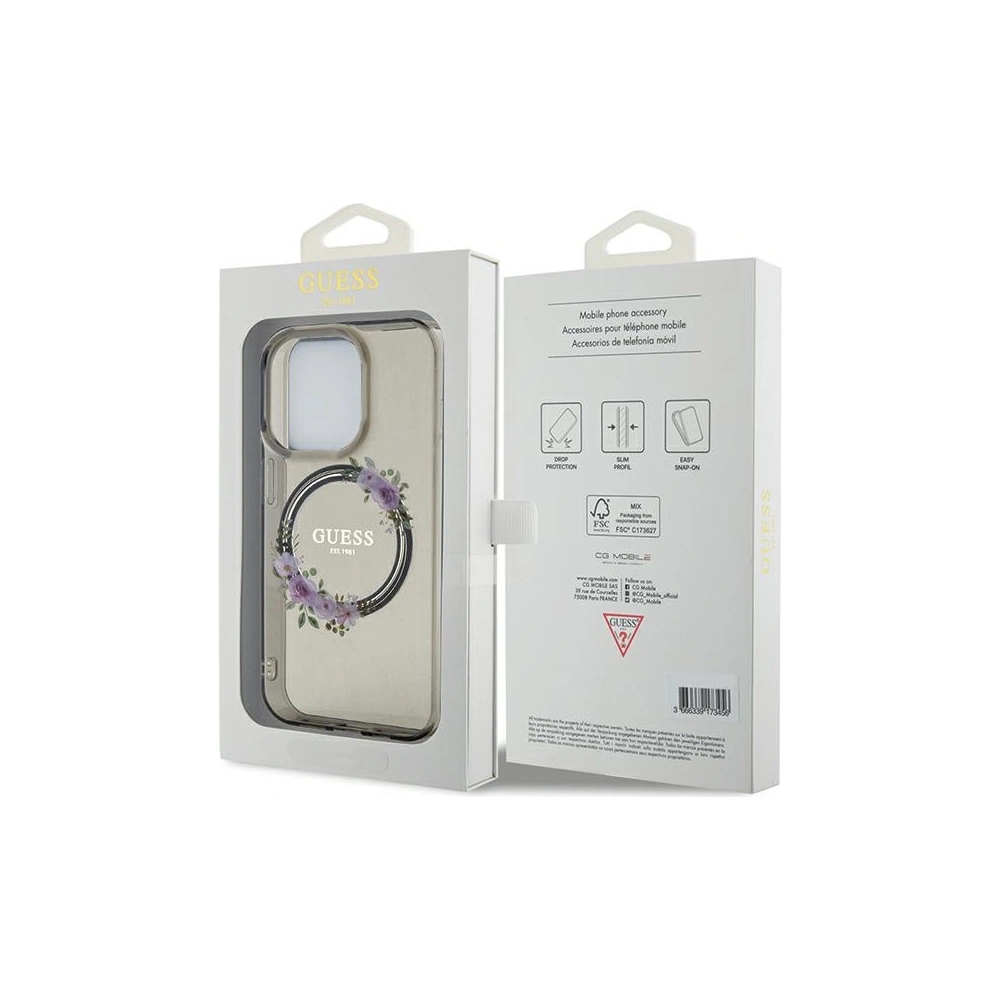Wholesale Guess GUHMP15LHFWFCK Apple iPhone 15 Pro hardcase IML Flowers Wreatch MagSafe black - GUE3232 - {ean13} - Hurt