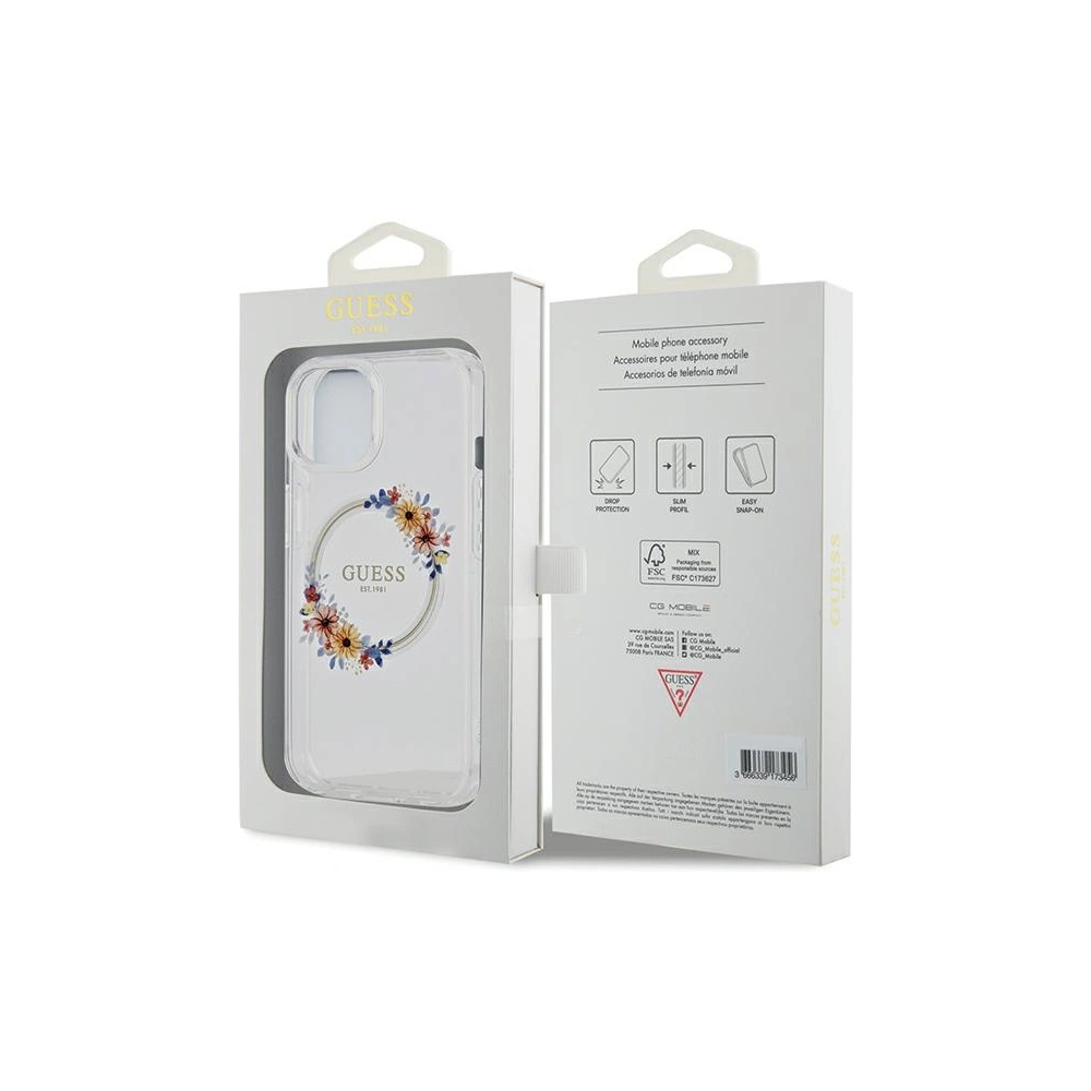 Hurtownia GSM - Etui Guess GUHMP15SHFWFCT Apple iPhone 15 / 14 hardcase IML Květy Wreatch MagSafe transparentní - GUE3248 - {ean13} - Hurt