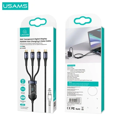 Kabel 3w1 USAMS US-SJ600 USB-C / Lightning / microUSB / USB-C 100W 1,2m czarny/black