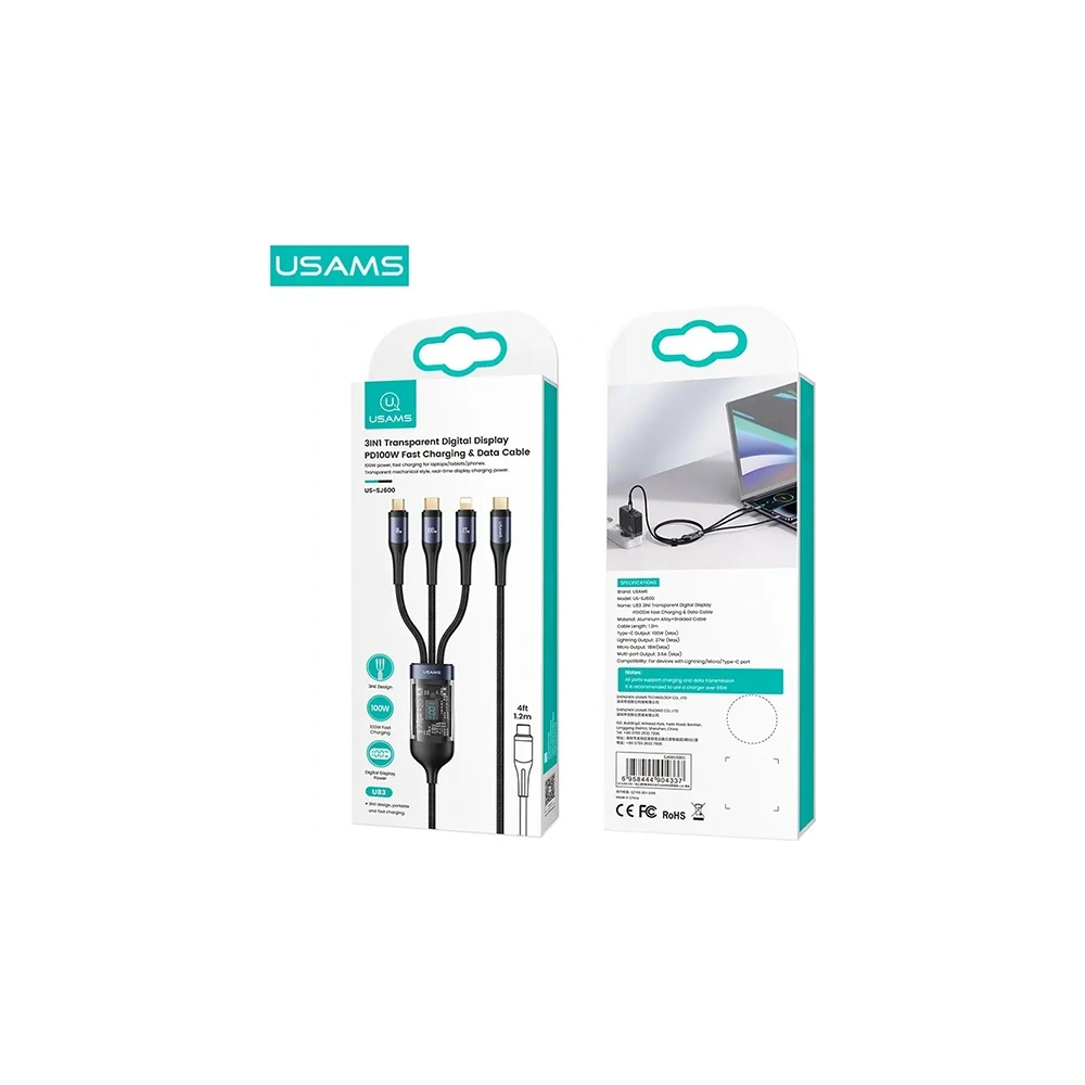 Hurtownia GSM - Kabel 3w1 USAMS US-SJ600 USB-C / Lightning / microUSB / USB-C 100W 1,2m černý/black - USA1042 - {ean13} - Hurt