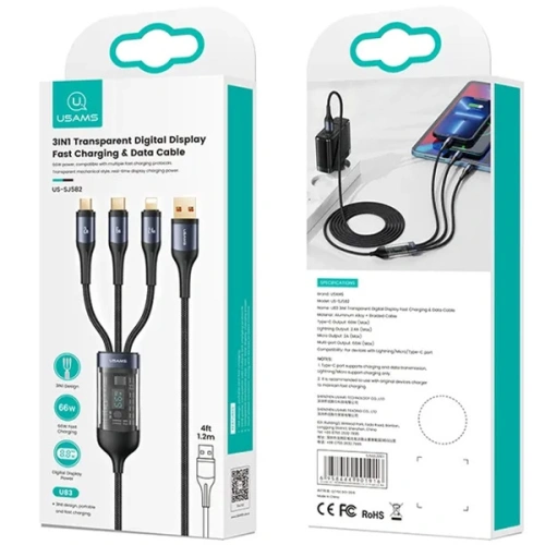 Kabel 3w1 USAMS US-SJ582 USB-A / Lightning / microUSB / USB-C 66W 1,2m czarny/black