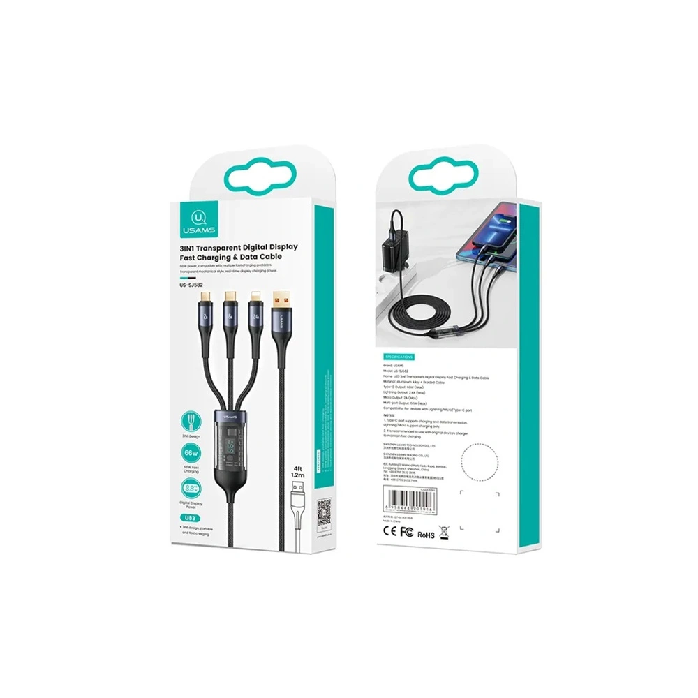 Hurtownia GSM - Kabel 3w1 USAMS US-SJ582 USB-A / Lightning / microUSB / USB-C 66W 1,2m schwarz/black - USA1043 - {ean13} - Hurt