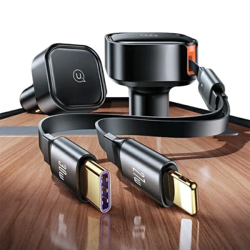 Ładowarka samochodowa USAMS C41 ze zwijanym kablem 2xUSB-C PD 30W Fast Charge czarny/black