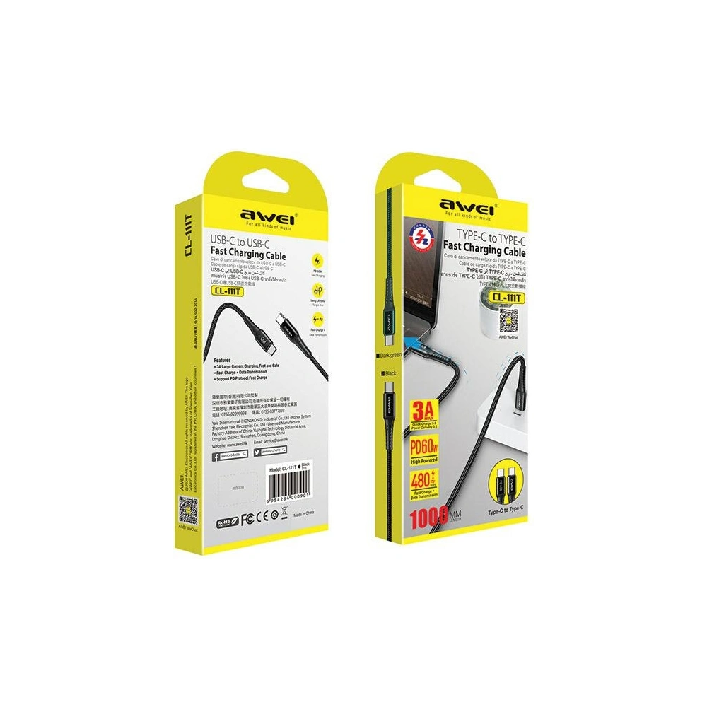 Wholesale AWEI CL-111T USB-C / USB-C cable 60W black - AWEI178 - {ean13} - Hurt