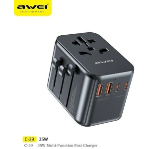Hurtownia GSM - Cestovní síťová nabíječka AWEI C-39 2xUSB-A, 3xUSB-C 35W US/AU/EU/UK černá/black - AWEI180 - {ean13} - Hurt