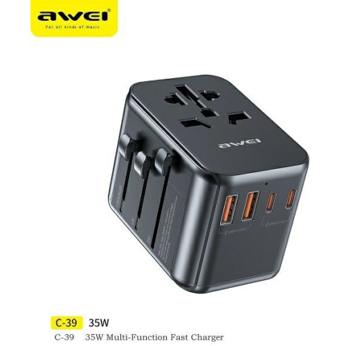 Awei Distributor - 6954284006248 - AWEI180 - AWEI C-39 travel charger 2xUSB-A, 3xUSB-C 35W US/AU/EU/UK black - B2B homescreen