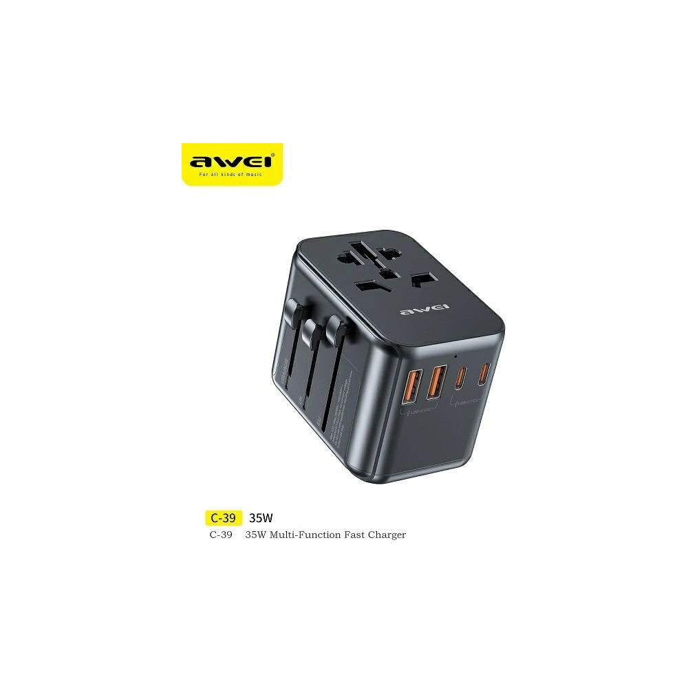 Hurtownia GSM - Cestovní síťová nabíječka AWEI C-39 2xUSB-A, 3xUSB-C 35W US/AU/EU/UK černá/black - AWEI180 - {ean13} - Hurt