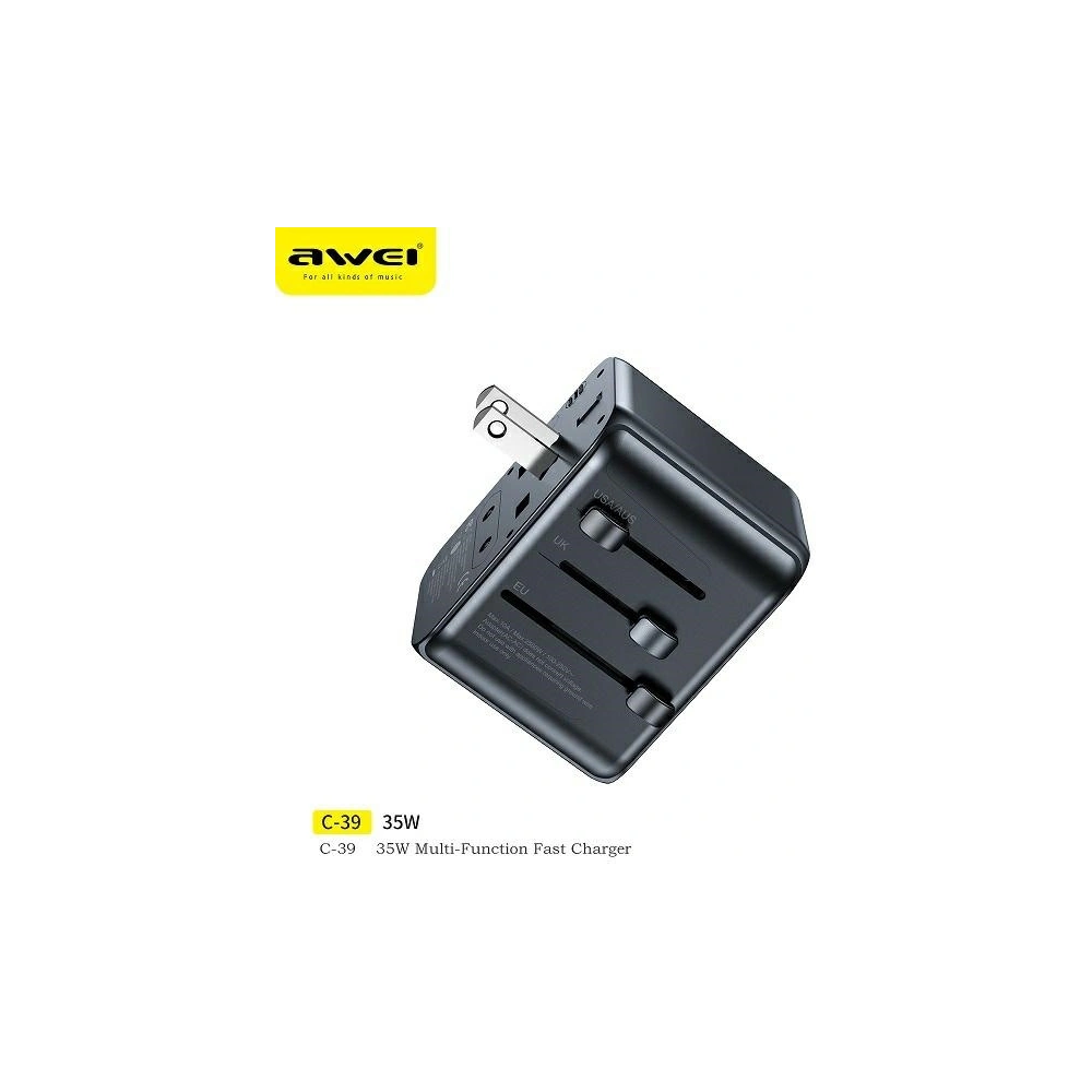Hurtownia GSM - Cestovní síťová nabíječka AWEI C-39 2xUSB-A, 3xUSB-C 35W US/AU/EU/UK černá/black - AWEI180 - {ean13} - Hurt