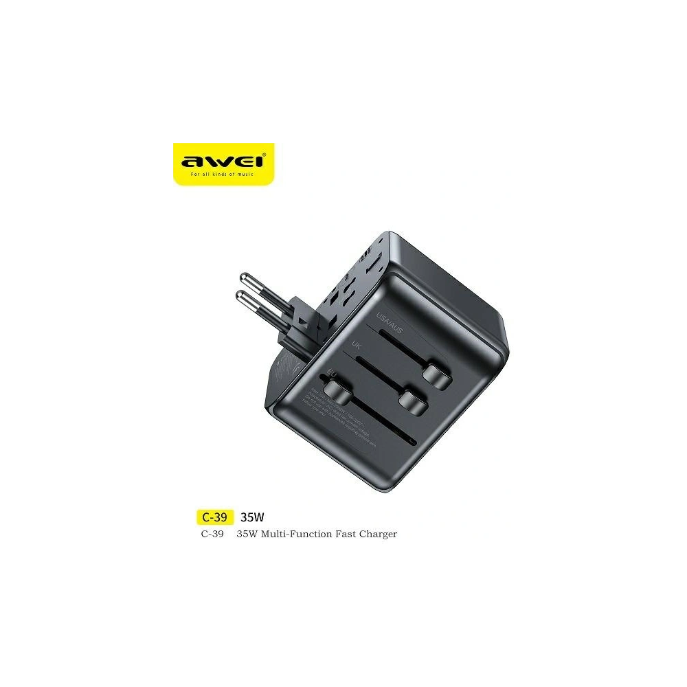 Hurtownia GSM - Cestovní síťová nabíječka AWEI C-39 2xUSB-A, 3xUSB-C 35W US/AU/EU/UK černá/black - AWEI180 - {ean13} - Hurt