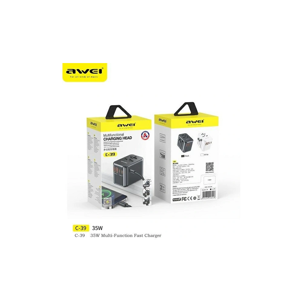 Hurtownia GSM - Cestovní síťová nabíječka AWEI C-39 2xUSB-A, 3xUSB-C 35W US/AU/EU/UK černá/black - AWEI180 - {ean13} - Hurt