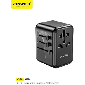 Hurtownia GSM - Cestovní síťová nabíječka AWEI C-40 2xUSB-A, 3xUSB-C 65W US/AU/EU/UK černá/black - AWEI181 - {ean13} - Hurt