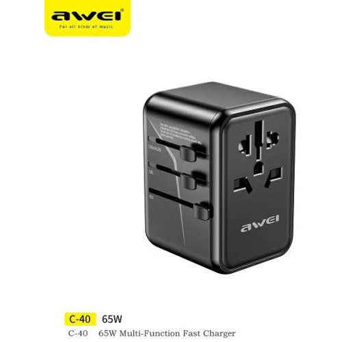 Awei Distributor - 6954284006385 - AWEI181 - AWEI C-40 travel charger 2xUSB-A, 3xUSB-C 65W US/AU/EU/UK black - B2B homescreen