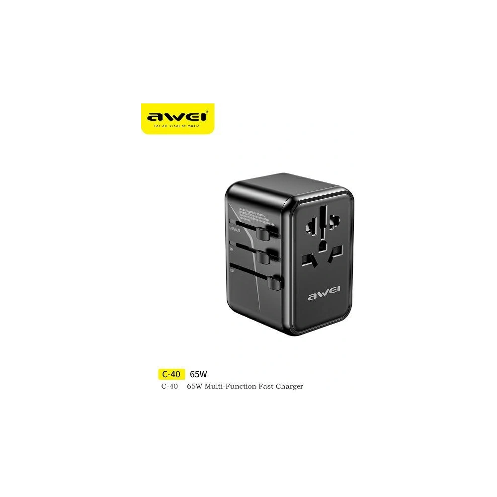 Hurtownia GSM - Reise-Netzteil AWEI C-40 2xUSB-A, 3xUSB-C 65W US/AU/EU/UK schwarz/black - AWEI181 - {ean13} - Hurt