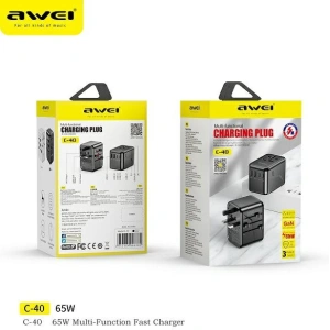 Hurtownia GSM - Cestovní síťová nabíječka AWEI C-40 2xUSB-A, 3xUSB-C 65W US/AU/EU/UK černá/black - AWEI181 - {ean13} - Hurt