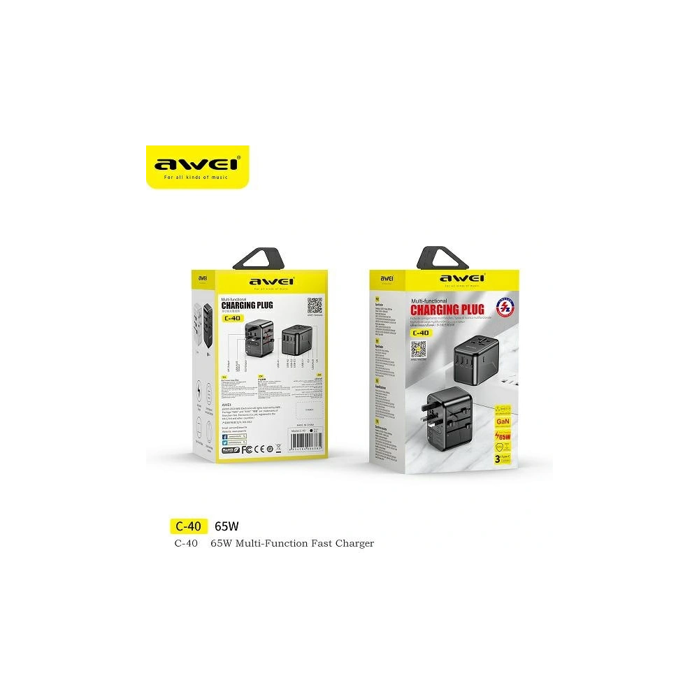 Hurtownia GSM - Reise-Netzteil AWEI C-40 2xUSB-A, 3xUSB-C 65W US/AU/EU/UK schwarz/black - AWEI181 - {ean13} - Hurt