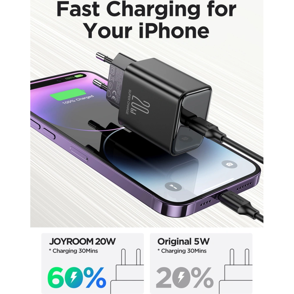 Hurtownia GSM - Síťová nabíječka Joyroom JR-TCF06 USB-C PD 20W + černý USB-C kabel - JYR974 - {ean13} - Hurt