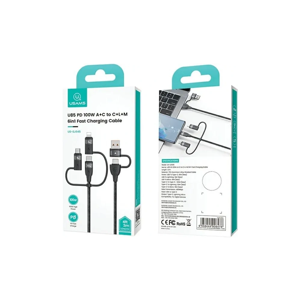 Kabel USAMS U85 US-SJ646 2xUSB-C/USB-A/Micro-USB/ Lightning 6w1 2m 100W PD Fast Charge fioletowy Kabel USAMS U85 US-SJ646 2xUSB-C/USB-A/Micro-USB/ Lightning 6w1 2m 100W PD Fast Charge fioletowy
