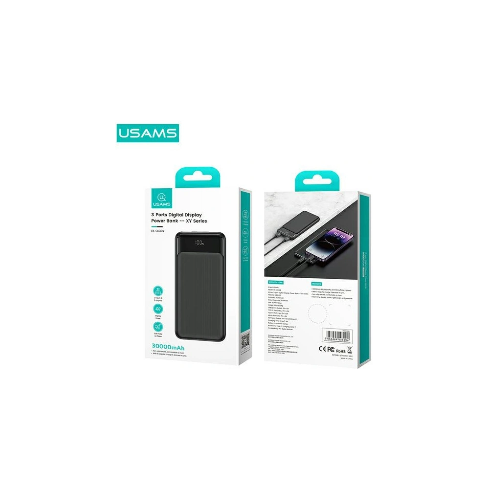 Hurtownia GSM - Powerbanka USAMS US-CD202 30000mAh microUSB, USB-A, USB-C, 10W s displejem černá/black - USA1083 - {ean13} - Hurt