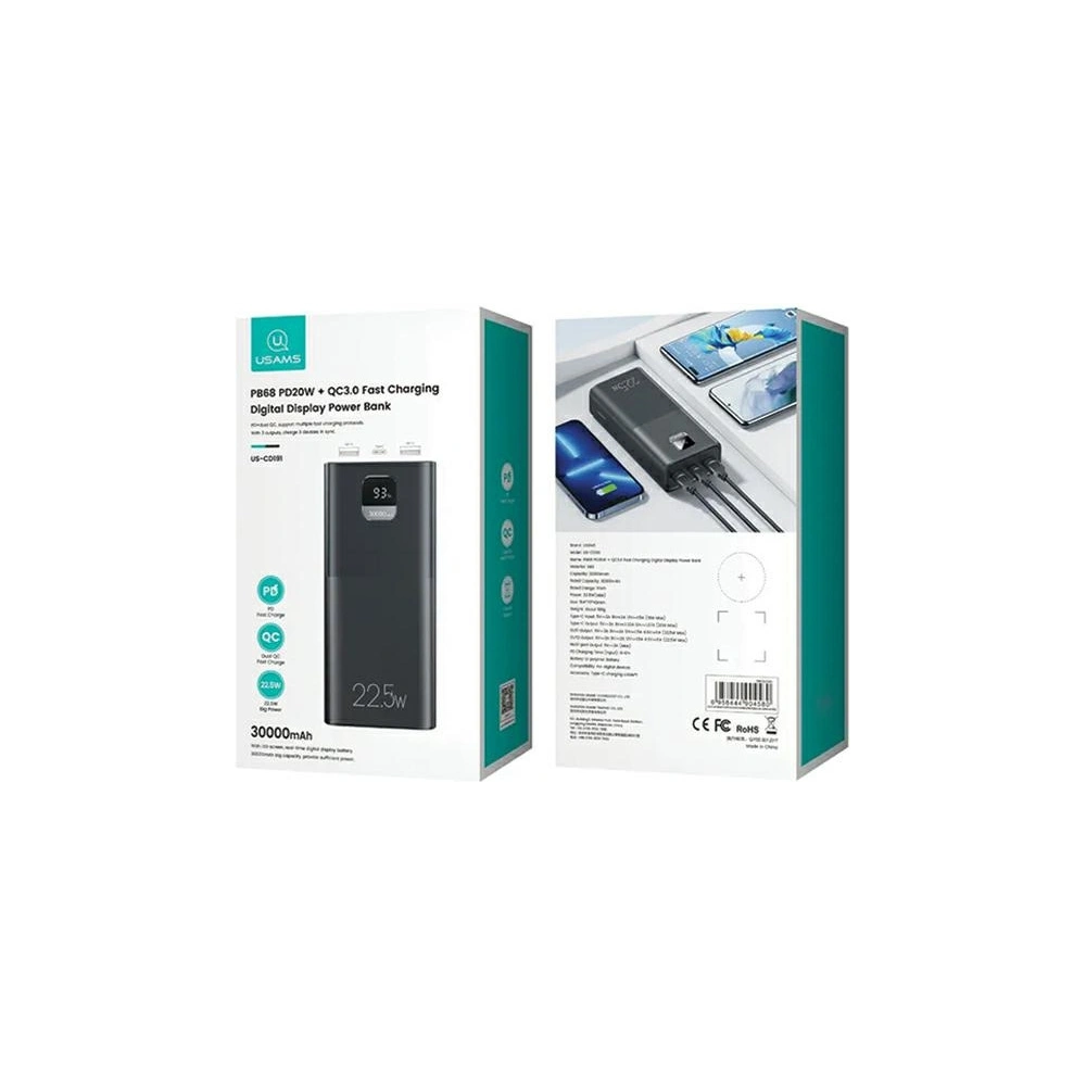 Hurtownia GSM - Powerbank USAMS PB68 30000mAh 2xUSB-A, USB-C, 20W, PD, QC 3.0 mit Display schwarz - USA1085 - {ean13} - Hurt