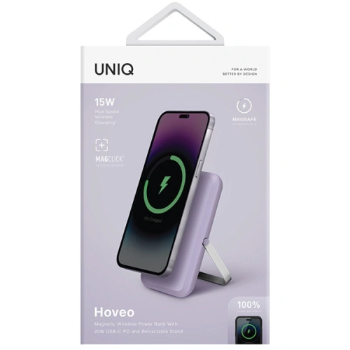 Powerbank magnetyczny UNIQ Hoveo 5000mAh USB-C 20W PD Fast charge Wireless Magnetic liliowy/lilac lavender
