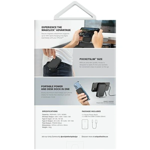 Powerbank magnetyczny UNIQ Hoveo 5000mAh USB-C 20W PD Fast charge Wireless Magnetic liliowy/lilac lavender