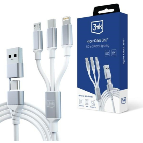3MK Distributor - 5903108541237 - 3MK5800 - 3MK cable Hyper 3w1 USB-A - USB-C / USB-C, microUSB, Lightning 1.5m white - B2B homescreen