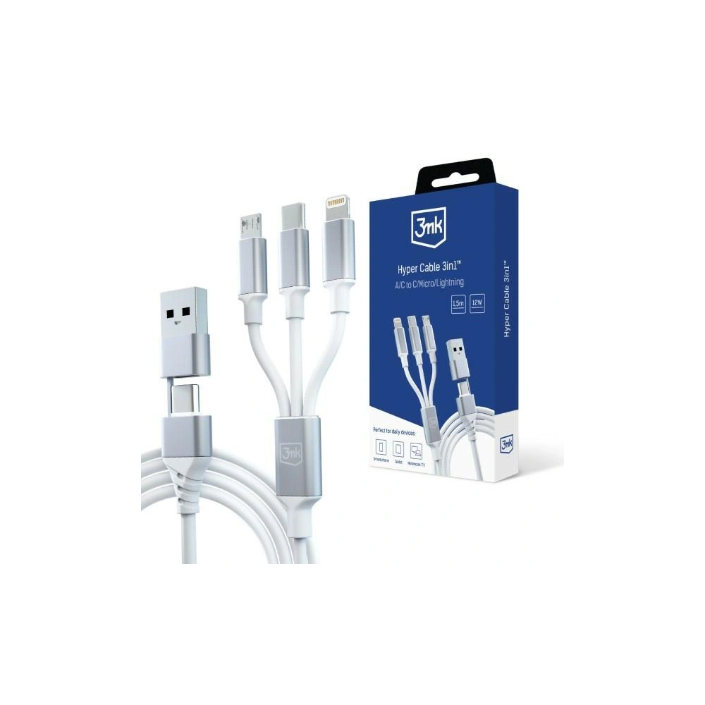 Hurtownia GSM - Cablul 3MK Hyper 3w1 USB-A - USB-C / USB-C, microUSB, Lightning 1.5m Alb/White - 3MK5800 - {ean13} - Hurt