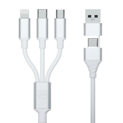 Kabel 3MK Hyper 3w1 USB-A - USB-C / USB-C, microUSB, Lightning 1.5m Biały/White