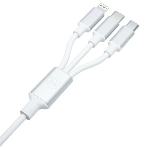Kabel 3MK Hyper 3w1 USB-A - USB-C / USB-C, microUSB, Lightning 1.5m Biały/White