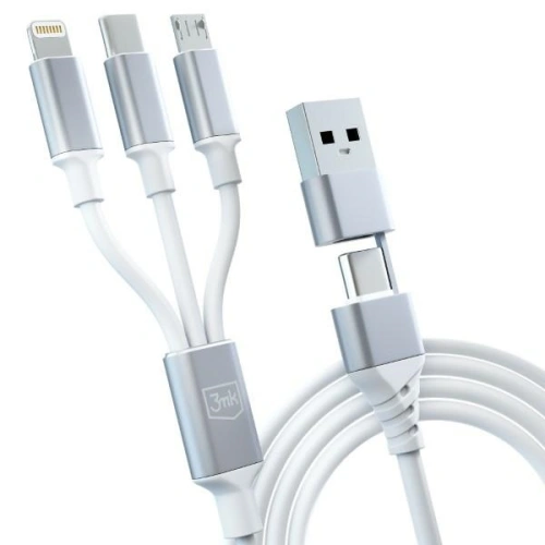 Kabel 3MK Hyper 3w1 USB-A - USB-C / USB-C, microUSB, Lightning 1.5m Biały/White