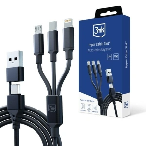 Hurtownia GSM - Kábel 3MK Hyper 3w1 USB-A - USB-C / USB-C, microUSB, Lightning 1.5m Fekete/Black - 3MK5801 - {ean13} - Hurt