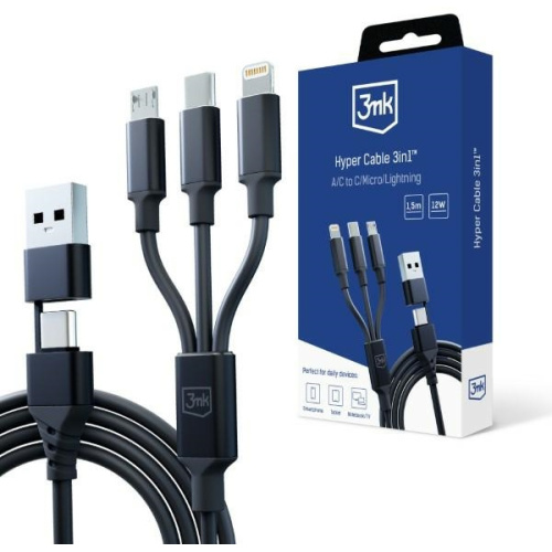 3MK Distributor - 5903108541244 - 3MK5801 - 3MK cable Hyper 3w1 USB-A - USB-C / USB-C, microUSB, Lightning 1.5m black - B2B homescreen