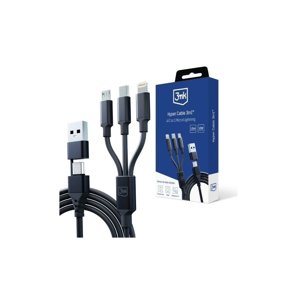 Hurtownia GSM - Kabel 3MK Hyper 3w1 USB-A - USB-C / USB-C, microUSB, Lightning 1.5m Schwarz/Black - 3MK5801 - {ean13} - Hurt