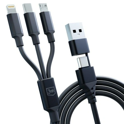 Kabel 3MK Hyper 3w1 USB-A - USB-C / USB-C, microUSB, Lightning 1.5m Czarny/Black