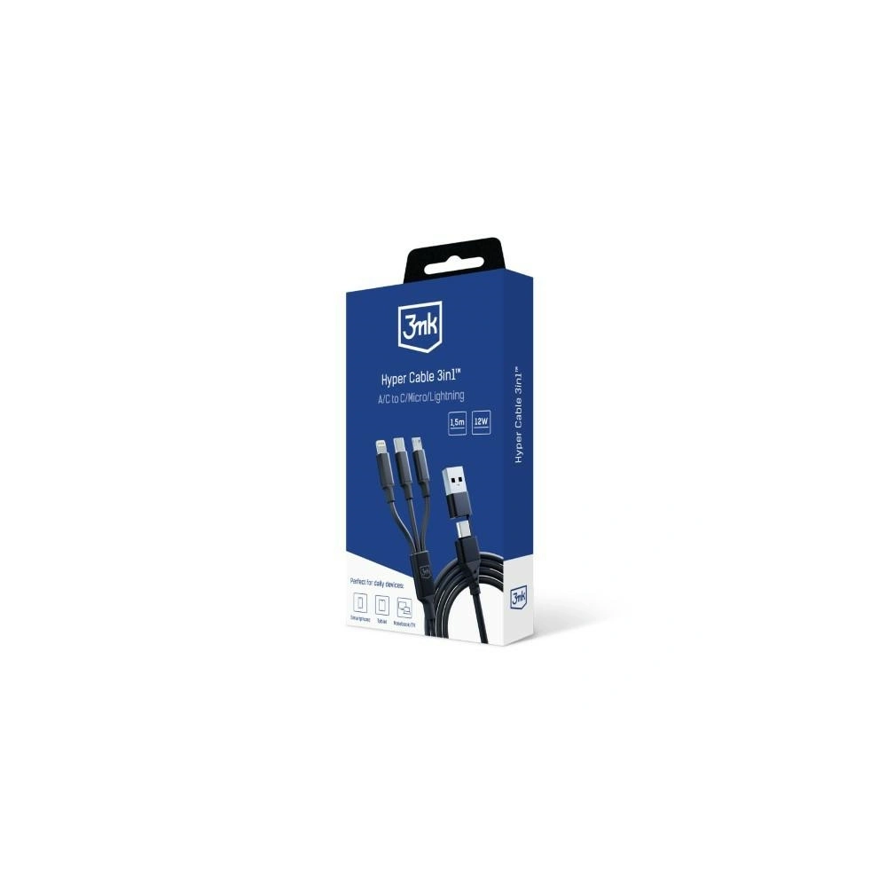 Hurtownia GSM - Cablu 3MK Hyper 3w1 USB-A - USB-C / USB-C, microUSB, Lightning 1.5m Negru/Black - 3MK5801 - {ean13} - Hurt