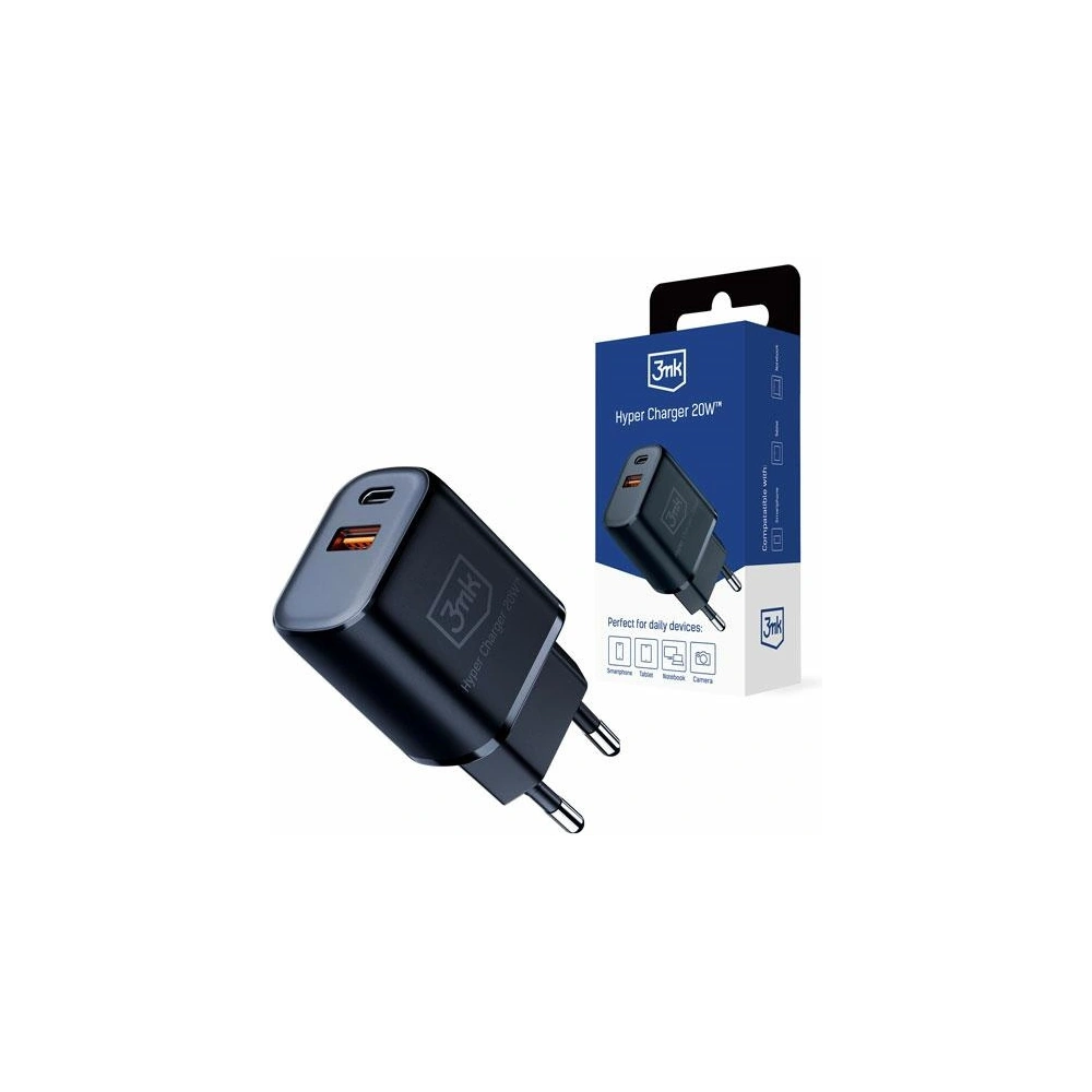 Hurtownia GSM - Încărcător de rețea 3MK Hyper Charger USB-A, USB-C 20W PD QC negru/black - 3MK5810 - {ean13} - Hurt