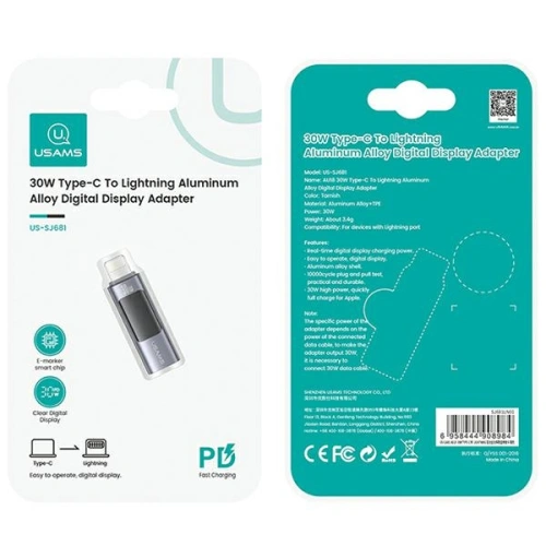 Adapter z wyświetlaczem USAMS AU18 USB-C / Lightning Digital Display 30W stalowy/aluminium