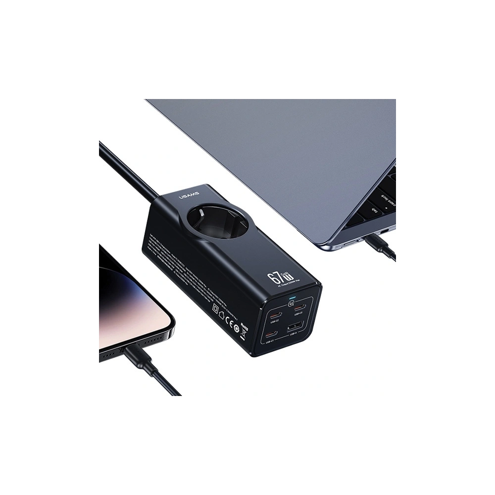 Hurtownia GSM - USAMS AC-Stromleiste / AC 2200W, USB-A 5W, 3xUSB-C 67W GaN PD QC FCP ADC PPS schwarz/black - USA1087 - {ean13} - Hurt